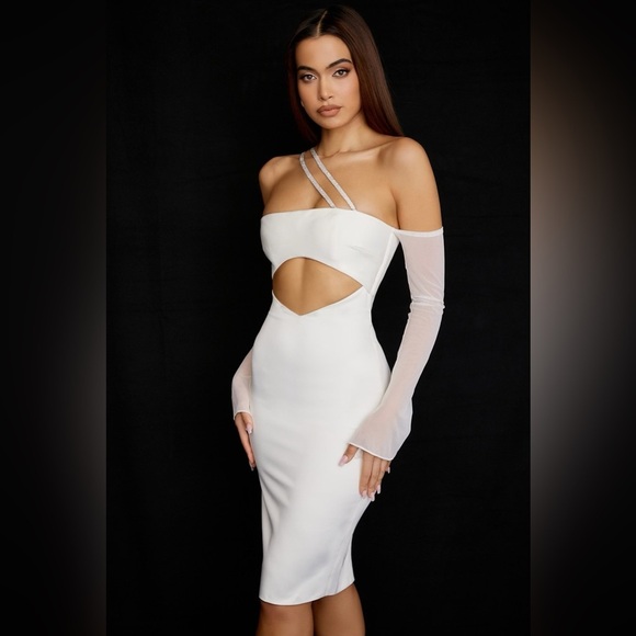 House of CB Loulou Ivory Satin Cutout Midi Dress White Embellished - Picture 3 of 6